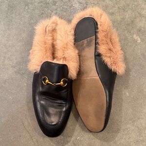 Fur-Trimmed Leather Loafer Slides in Black